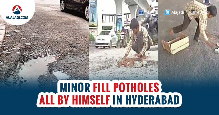 Minor fill potholes all by himself in Hyderabad